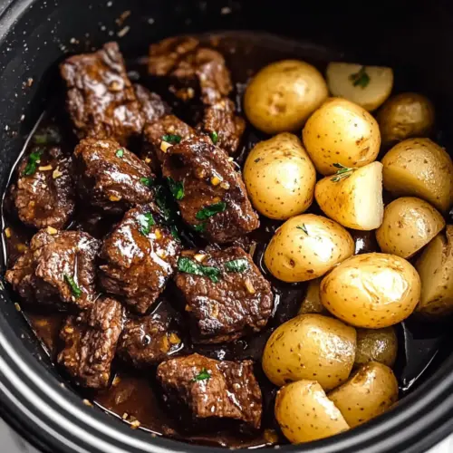 Slow Cooker Garlic Butter Beef Bites with Potatoes