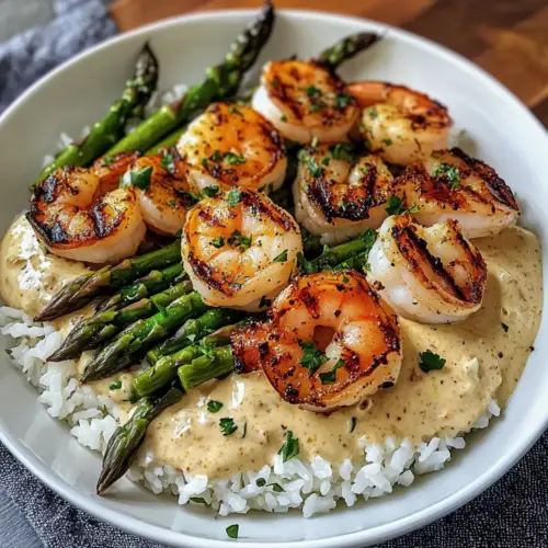Grilled Shrimp Bowl with Asparagus & Creamy Garlic Sauce