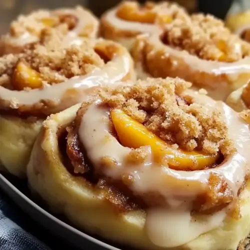 Peach Cobbler Cinnamon Rolls With Crumb Topping